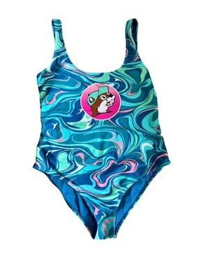 Buc-ee’s One Piece Swimsuit Blue Marble Print Padded Women’s Small (Fits M)